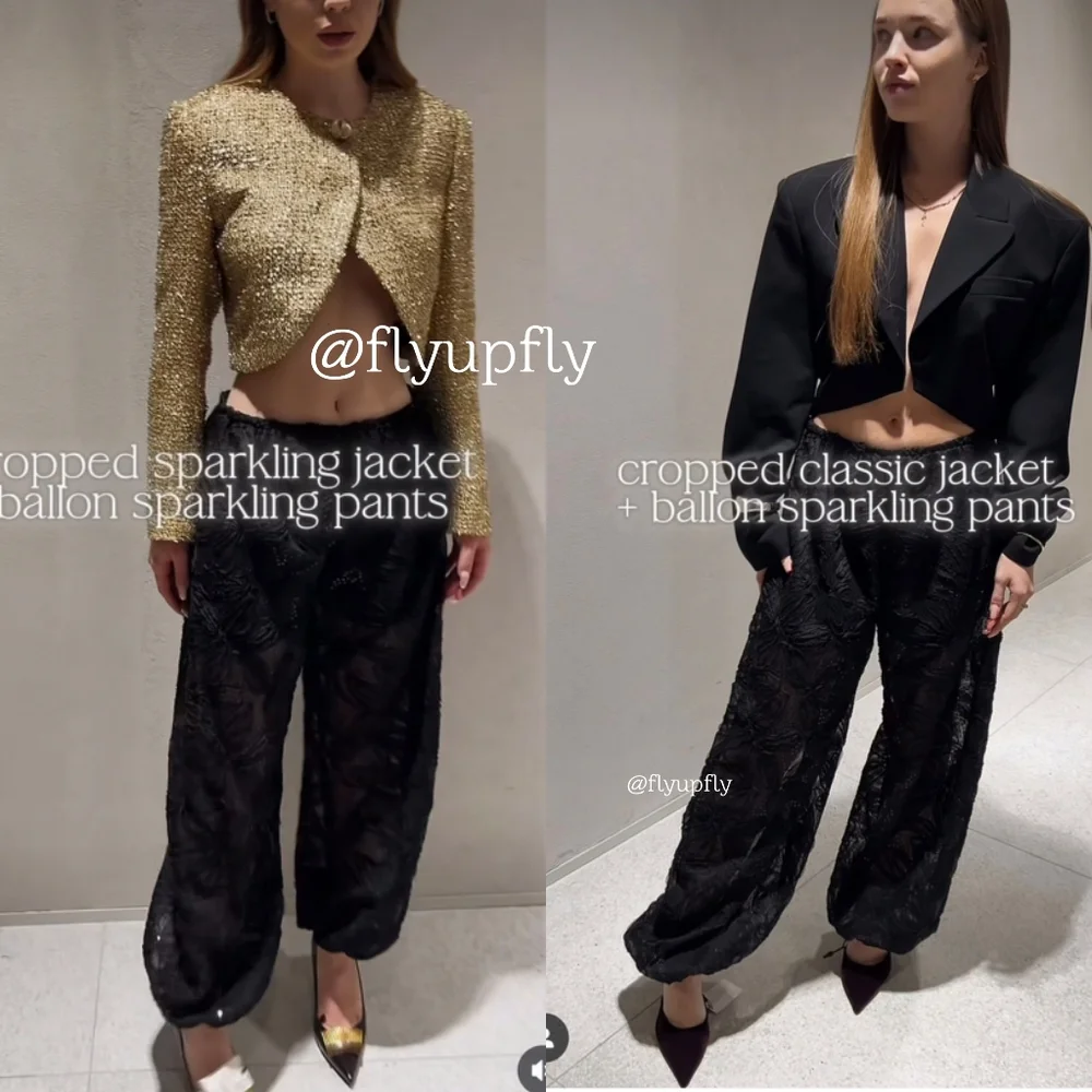 ZARA Set 2pc SEQUINED BALLOON PANTS AND TOP BLACK Size M